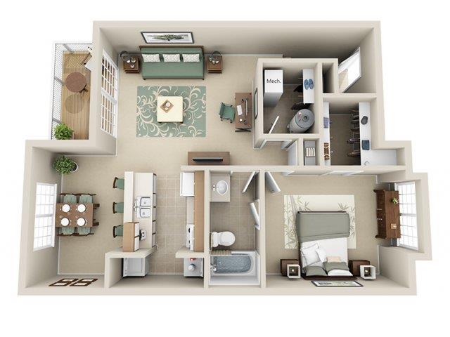 Floor plan for 1 bed, 1 bath, 850 sqft